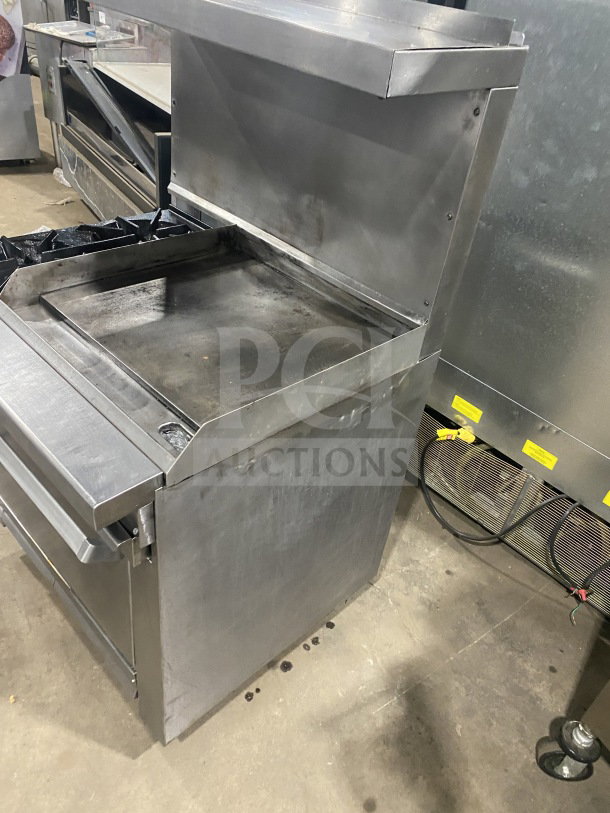Commercial stainless steel 2-burner gas range with plancha grill, convection oven, wired oven rack, and splash back. Heavy duty.