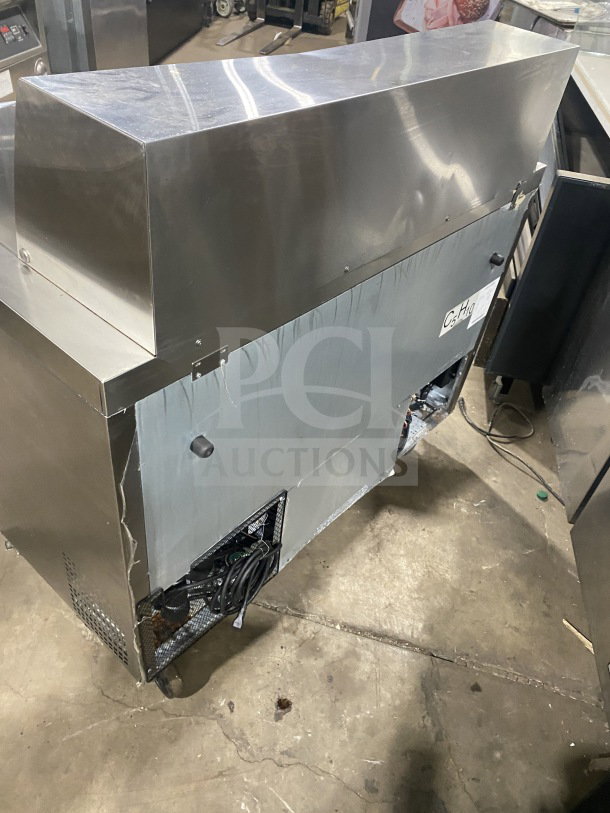 Bison stainless steel refrigerated sandwich prep table BST4818, 2-door storage, poly-coated rack, on casters, 115V, 1-phase.