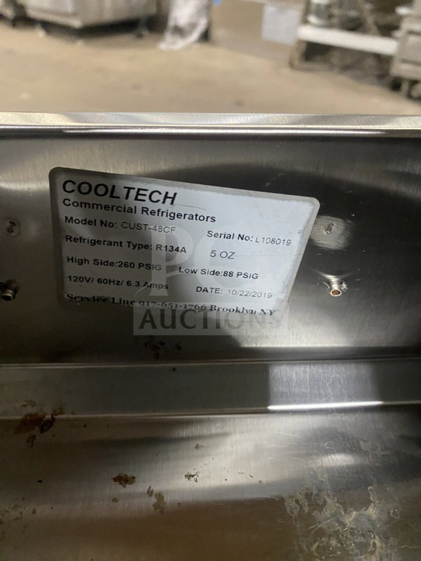 Cooltech CUST48CF commercial stainless steel 2-drawer chef base refrigerator with digital temp display, 120V, on casters.