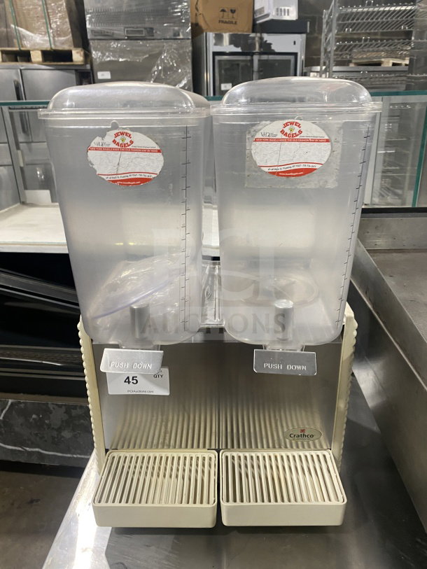 Crathco D25-4 Twin Beverage Dispenser, stainless steel, clear hoppers, double drip trays, model SN: T331133, 115V.