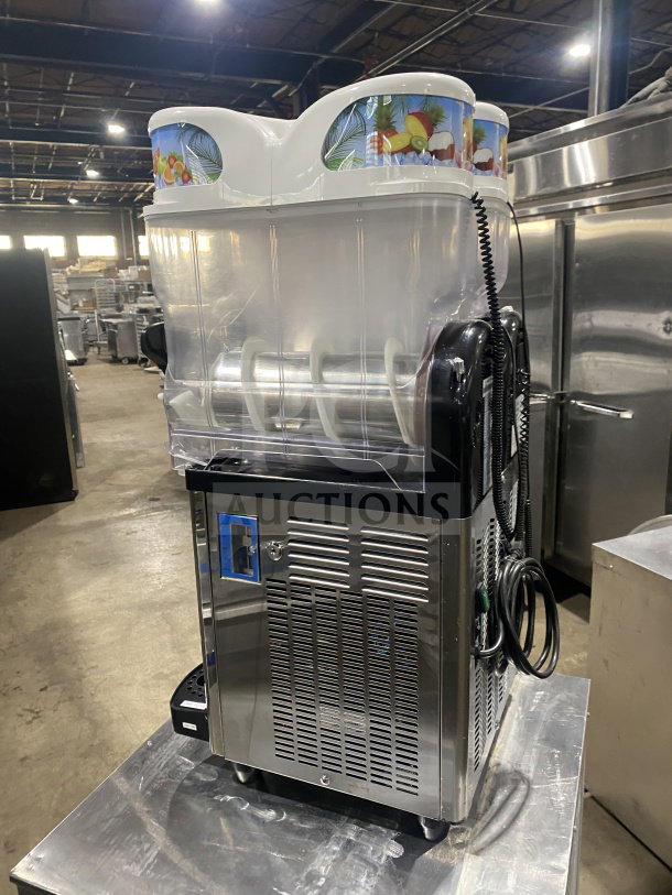 Icetro SSM-280 commercial stainless steel twin slushy machine with clear polycarbonate hoppers and drip tray, 115V.