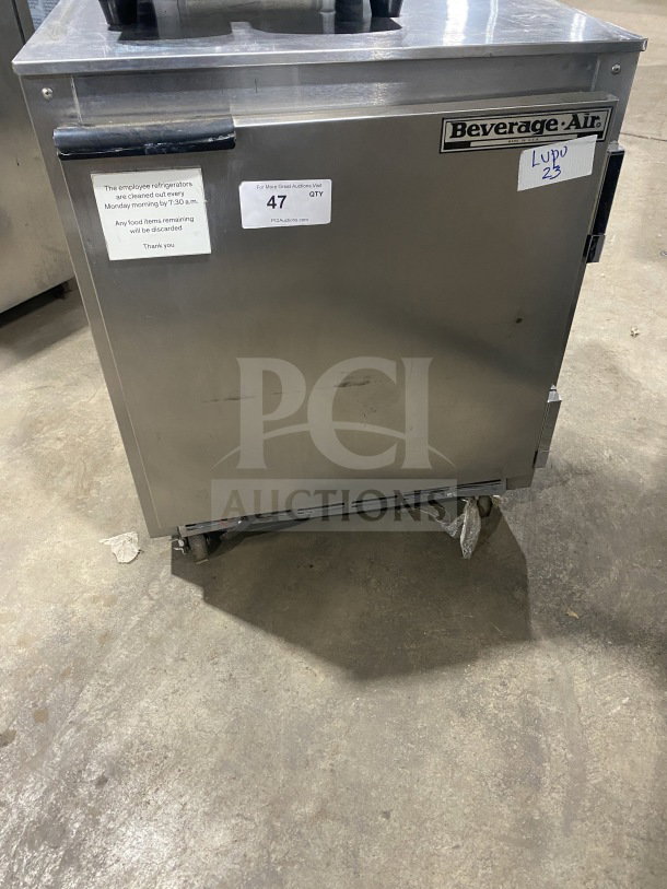 Beverage-Air UCR27Y commercial stainless steel single door undercounter refrigerator, poly coated rack, on casters.