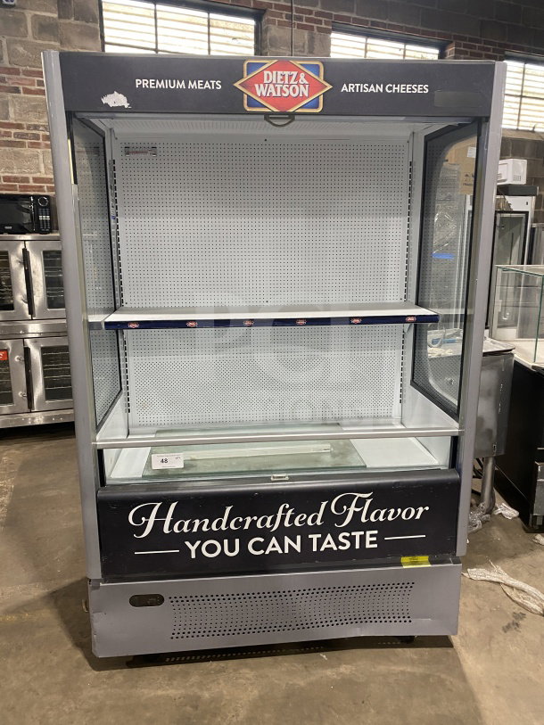 Ojeda ALPA-120H refrigerated display case, multi-tier, open grab-n-go, pull-down curtain, 120V, Dietz & Watson branding.