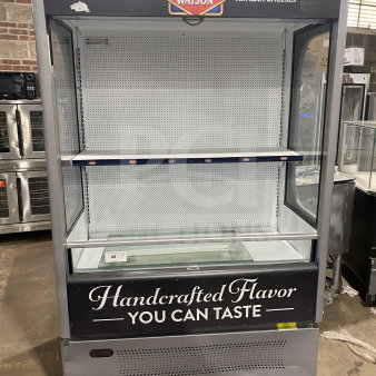 Ojeda ALPA-120H refrigerated display case, multi-tier, open grab-n-go, pull-down curtain, 120V, Dietz & Watson branding.
