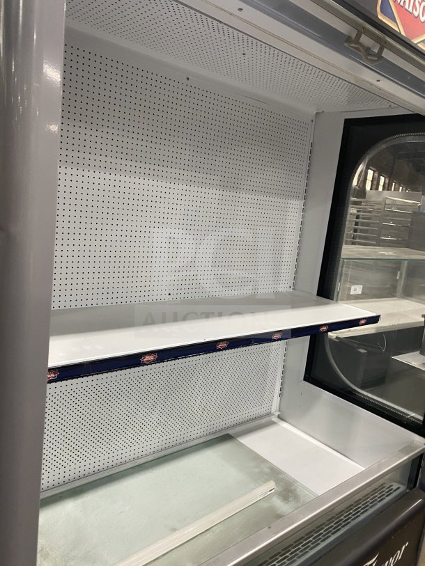 Ojeda ALPA120H refrigerated display case, white multi-tier, pull-down night curtain, excellent condition, Model: ALPA-120H.