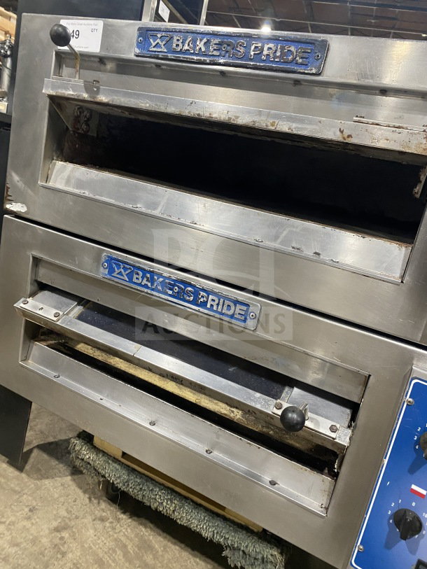 Bakers Pride commercial stainless steel double deck electric pizza oven on casters, with visible brand label.
