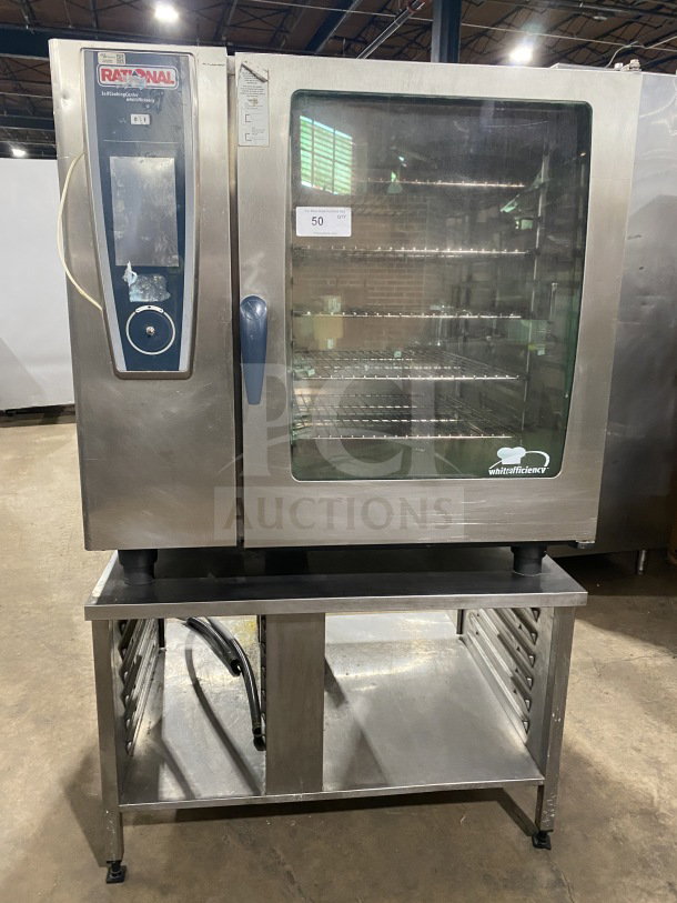 Rational White Efficiency Series combi convection oven with 2-section pan-holding base, wired rack, features durability and versatility.