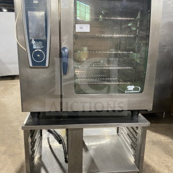 Rational White Efficiency Series combi convection oven with 2-section pan-holding base, wired rack, features durability and versatility.