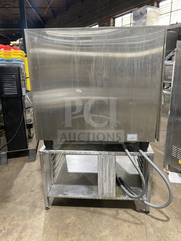 Rational White Efficiency Series combi convection oven with pan-holding stand, wired rack, on legs, used condition.