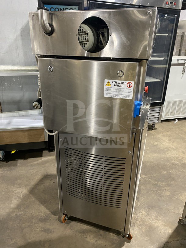 RARE 2017 Selmi TOP EX Series stainless steel chocolate tempering machine on casters. Model: TOP, SN: 1787. Electric powered.