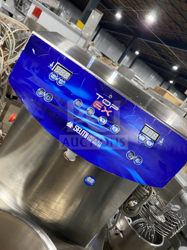 Selmi TOP EX Series stainless steel chocolate tempering machine, model 2017, on casters, excellent condition.