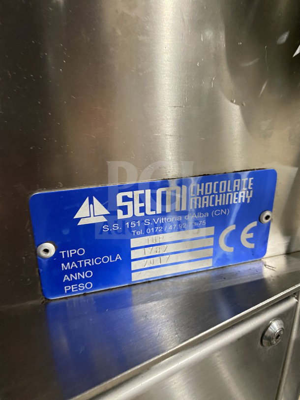 Selmi TOP 2017 chocolate tempering machine, stainless steel, model SN: 1787. Features include electric power, casters, and a visible label.