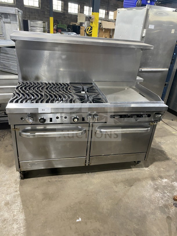 Southbend stainless steel commercial 6-burner range with 24" flat griddle, 2 ovens, poly wired rack, on casters.