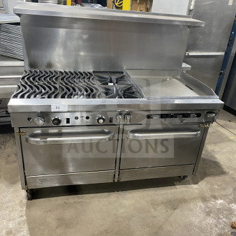 Southbend stainless steel commercial 6-burner range with 24" flat griddle, 2 ovens, poly wired rack, on casters.