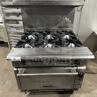 Vulcan Commercial Stainless Steel 6-Burner Gas Range/Oven Combo with backsplash, wired oven rack, and casters; excellent condition.