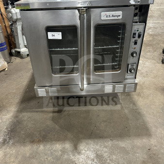 USRange stainless steel gas convection oven with simple controls, wired rack, and dual glass doors. Good condition, tag 54.