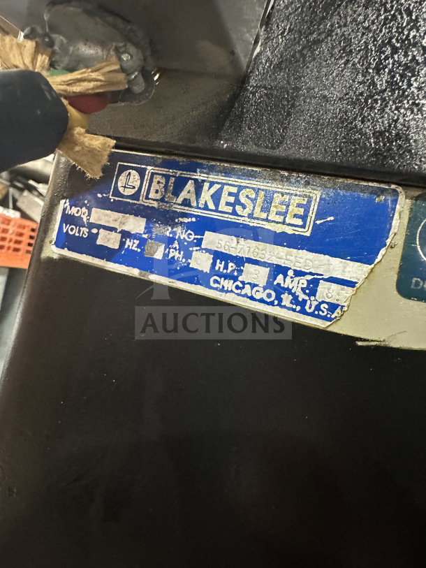Blakeslee commercial black electric planetary mixer with stainless steel bowl guard, mixing bowl, and spiral hook attachment.