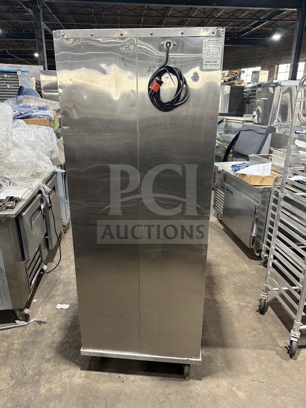 CresCor H137SUA12C stainless steel heated holding cabinet, 2-door, on casters, 120/125V, SN: KAEJ744781225, features tags.
