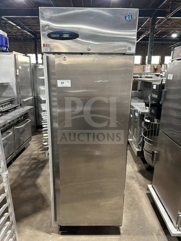Hoshizaki CR1SFSL stainless steel commercial single door refrigerator, poly coated wired rack, on casters, 115V, 1 phase.
