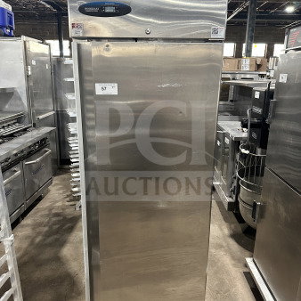 Hoshizaki CR1SFSL stainless steel commercial single door refrigerator, poly coated wired rack, on casters, 115V, 1 phase.