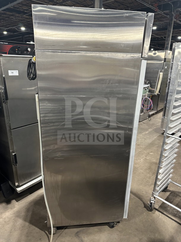 Hoshizaki CR1SFSL stainless steel single door refrigerator, electric, poly coated rack, on casters, 115V, used condition.