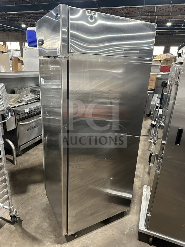Hoshizaki CR1SFSL stainless steel single door refrigerator, on casters, poly-coated wired rack, electric, 115V, 1-phase.