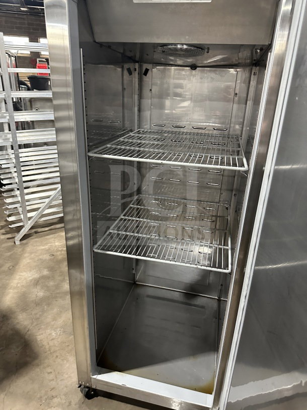 Hoshizaki CR1SFSL stainless steel single door refrigerator on casters, includes poly-coated wired racks, electric 115V.
