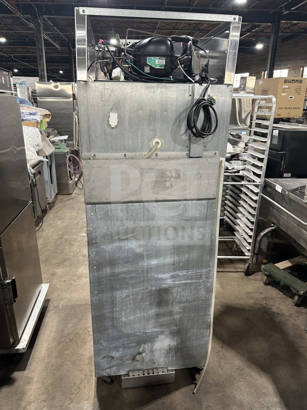 Hoshizaki CR1SFSL single door refrigerator, stainless steel, electric, poly coated rack, on casters, shown from the back.