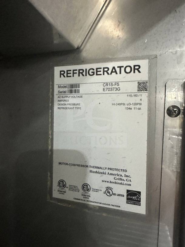 Hoshizaki CR1SFSL commercial refrigerator label, serial E70373G, 115V, 1 phase, poly coated rack, on casters.
