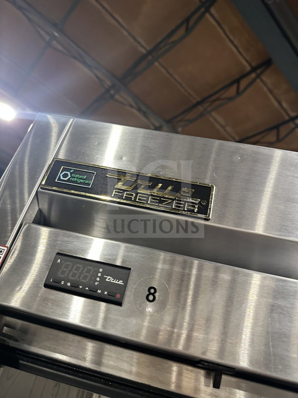 True T23FHC stainless steel freezer, digital display, single door, model label, natural refrigerant, on casters.
