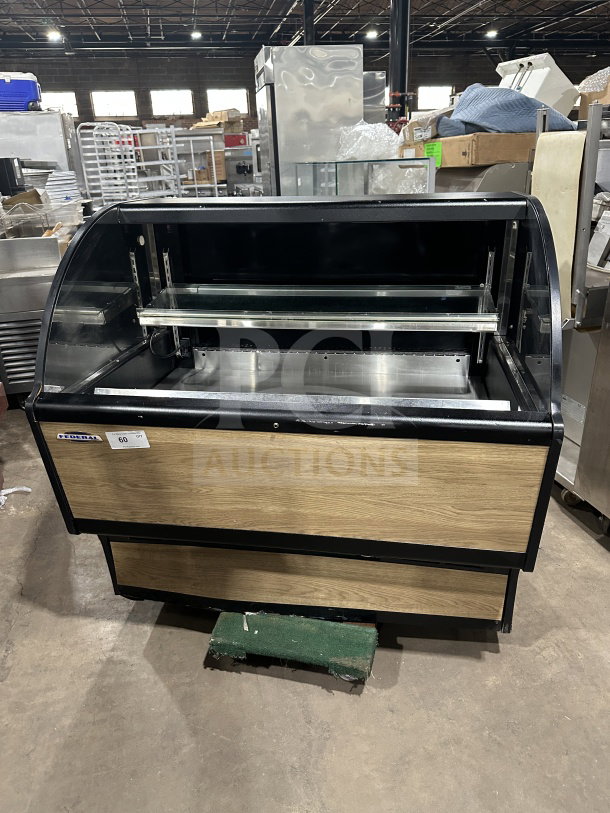 Federal Industries LPRSS4 refrigerated merchandiser with stainless steel shelves and wooden pattern body. Model: LPRSS4, 120V.