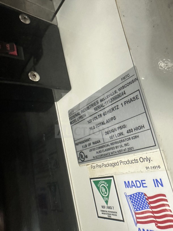 Federal Industries commercial refrigerated merchandiser, Model LPRSS4, SN 11120668644, 120V, 1 phase, UL certified.