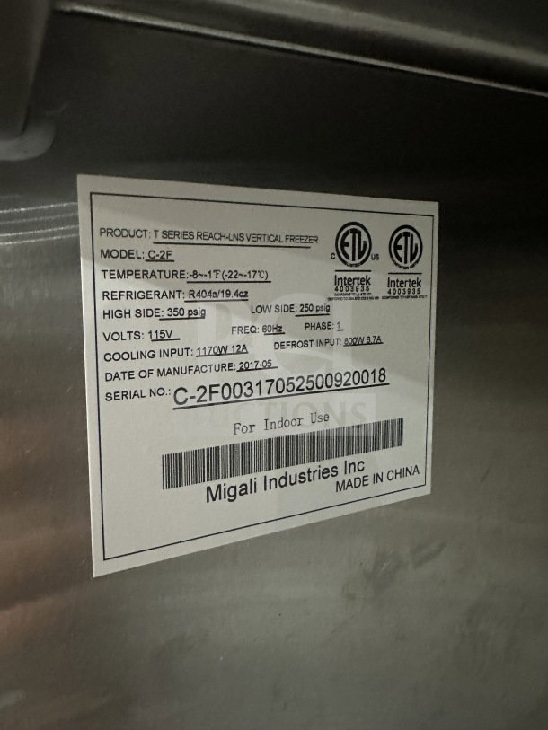 Migali T-Series 2-Door Freezer, Model C-2F, stainless steel, with poly-coated rack, on casters, 115V, SN: C-2F00317052500920018.