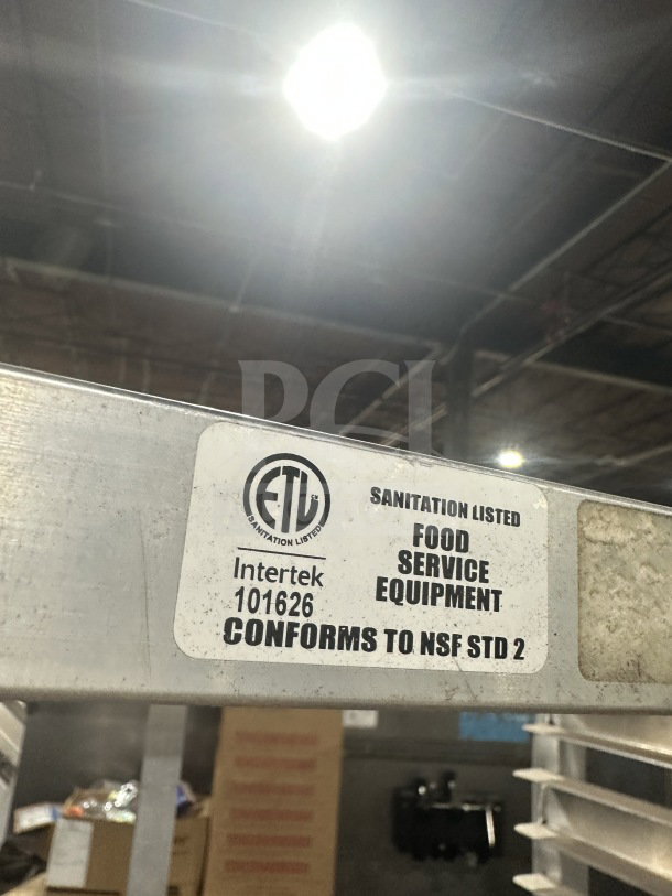 Commercial stainless steel heavy-duty sheet pan rack on casters, ETL sanitation listed, Intertek 101626, conforms to NSF STD 2.