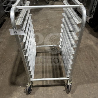 Commercial stainless steel bun pan rack on casters, holds multiple pans, durable, small-size, heavy-duty construction.