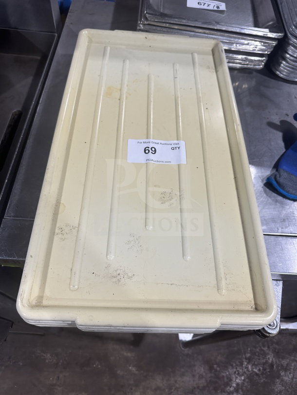 Win-Holt heavy-duty white polyethylene food storage meat lug cover lid, showing minor wear, label indicates auction item 69.