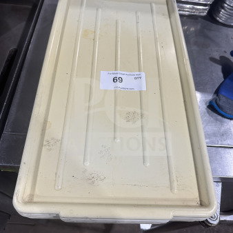 Win-Holt heavy-duty white polyethylene food storage meat lug cover lid, showing minor wear, label indicates auction item 69.