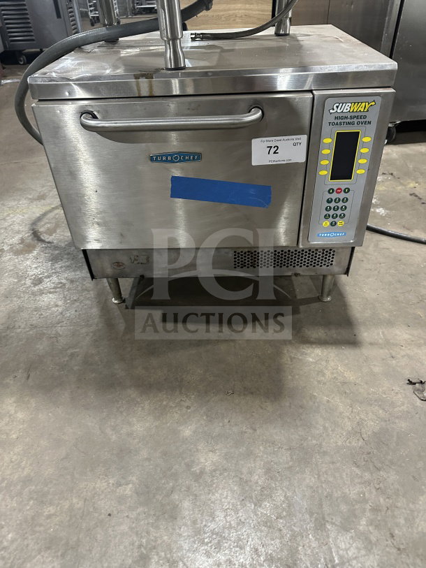 TurboChef NGC high-speed countertop oven, electric, stainless steel, digital controls, Subway branding, on legs.