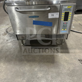 TurboChef NGC high-speed countertop oven, electric, stainless steel, digital controls, Subway branding, on legs.