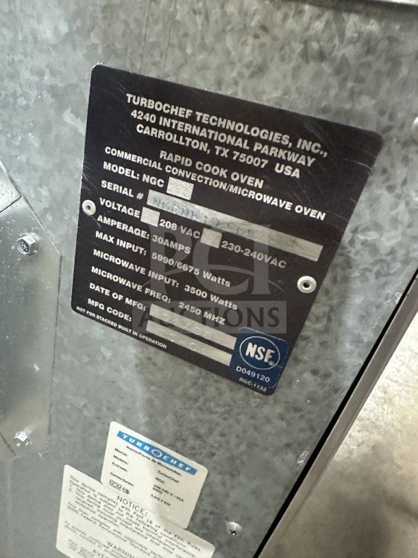 TurboChef NGC commercial rapid cook oven, stainless steel, digital controls, 208/230-240V, on legs; NSF certified.