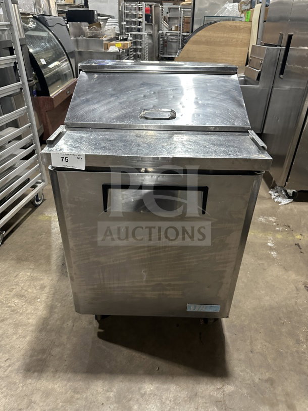 Turbo Air M3 Series refrigerated prep table, stainless steel, MST-28, on casters, with poly coated wired rack.
