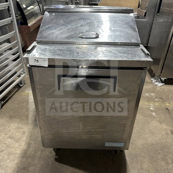 Turbo Air M3 Series refrigerated prep table, stainless steel, MST-28, on casters, with poly coated wired rack.