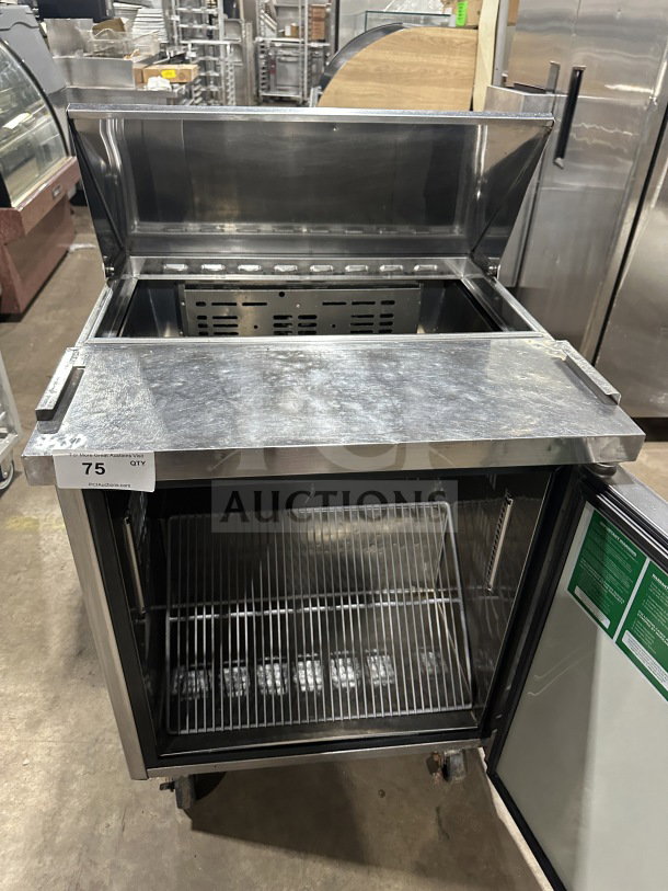 Turbo Air M3 Series MST-28 refrigerated prep table, stainless steel, single door, poly coated rack, on casters, 115V.