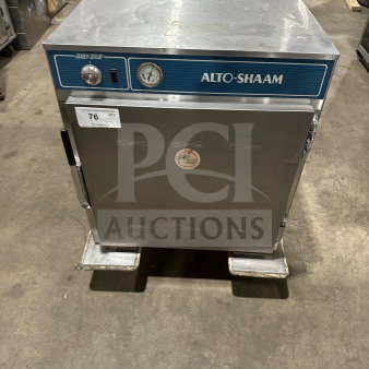 Alto-Shaam Halo Heat Series 750-S heated holding cabinet in stainless steel, Model 750S, 125V, 1 Phase, visible gauge and labels.