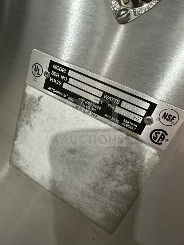 Alto-Shaam Model 750-S stainless steel heated holding cabinet, 125V, 1 phase. Serial number 7599-00-1096 visible on label.