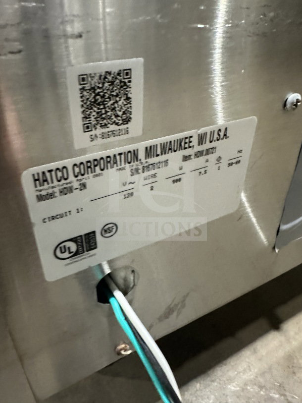 Hatco HDW2W Commercial Stainless Steel 2-Drawer Warmer, 120V, serial number 8167612116, on legs, with power and cert labels.