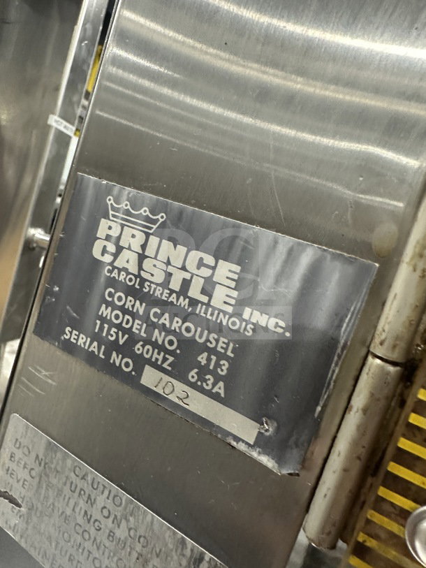 Prince Castle Commercial Stainless Steel Corn Carousel, Model 413, 115V, Serial No. 102, electric-powered, good condition.