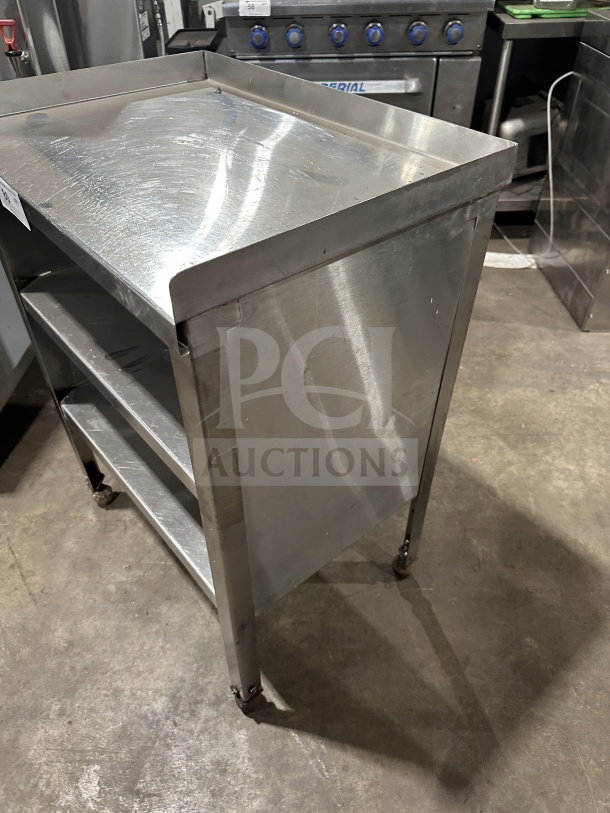 Commercial stainless steel double undershelf equipment stand/cart on casters, excellent condition, durable and mobile.