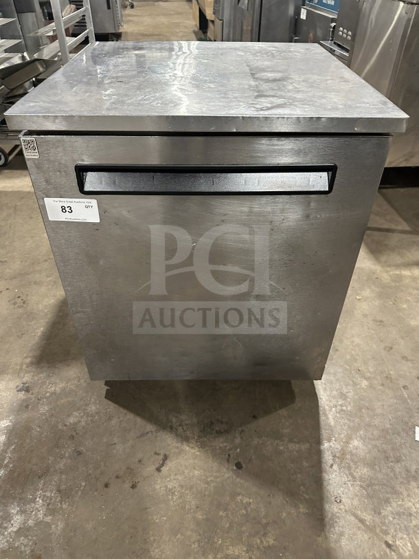 Delfield Enodis Series stainless steel undercounter refrigerator, model 406STAR2, single door, on casters, poly coated rack.
