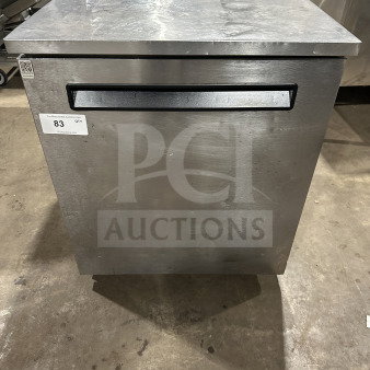 Delfield Enodis Series stainless steel undercounter refrigerator, model 406STAR2, single door, on casters, poly coated rack.